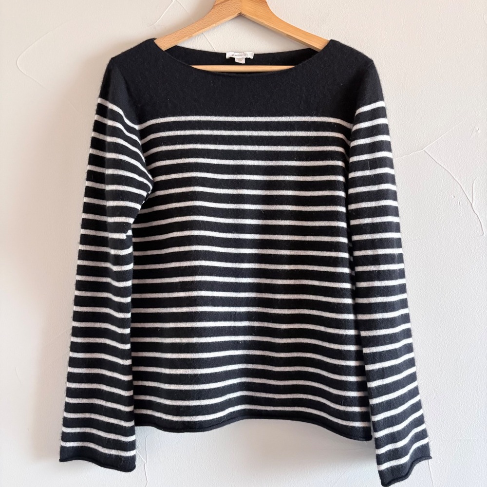 Garnet Hill Womens Black White Striped Boat Neck 100% Cashmere  Sweater SZ Large